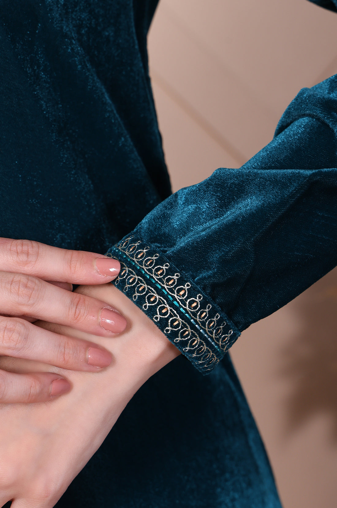 Teal Embroidered Velvet Straight Top