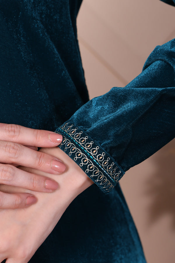 Teal Embroidered Velvet Straight Top