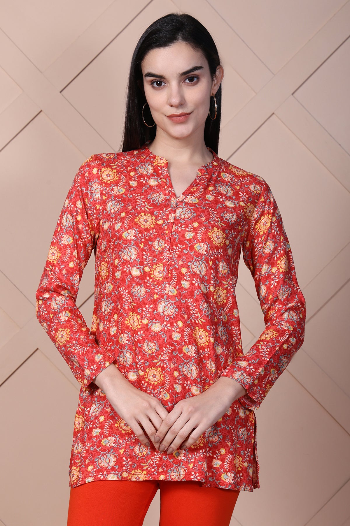Red Floral Printed Straight Rayon Kurti - XS