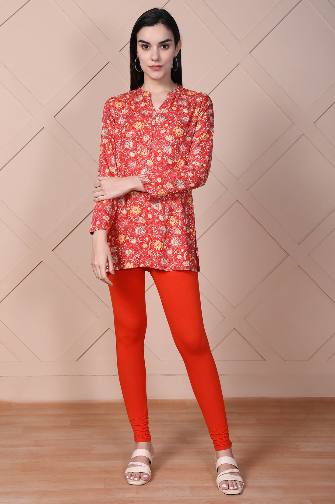 Red Floral Printed Straight Rayon Kurti