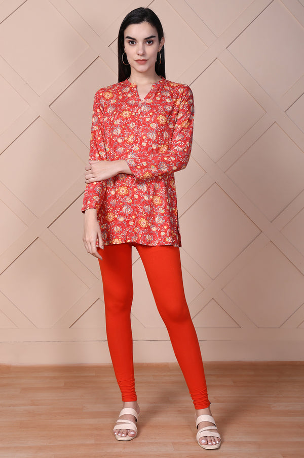 Red Floral Printed Straight Rayon Kurti