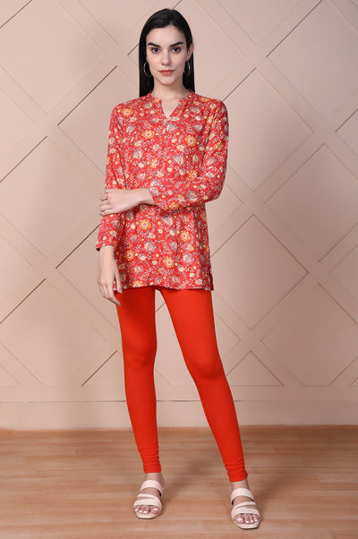 Red Floral Printed Straight Rayon Kurti