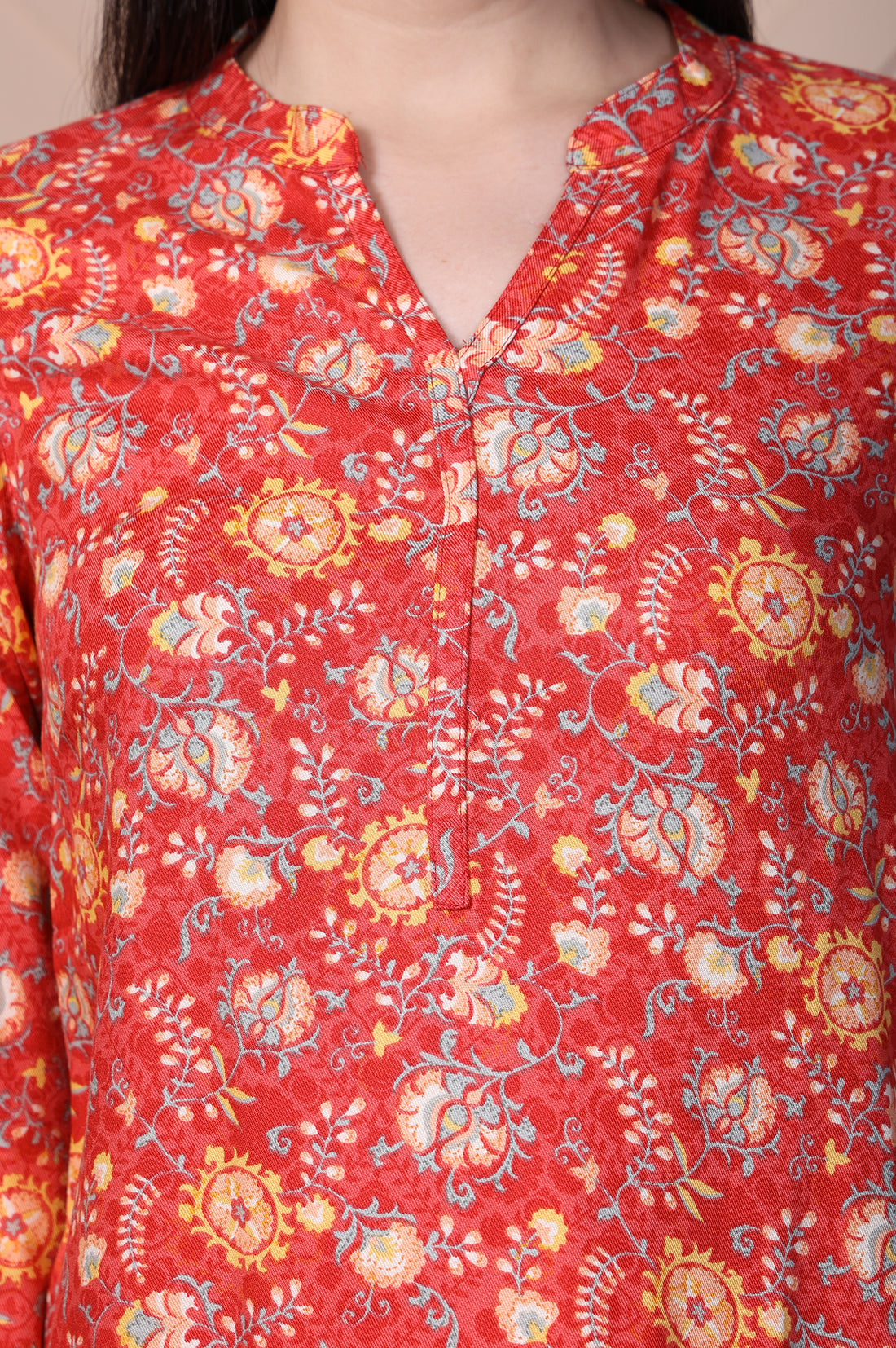 Red Floral Printed Straight Rayon Kurti