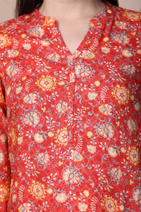 Red Floral Printed Straight Rayon Kurti