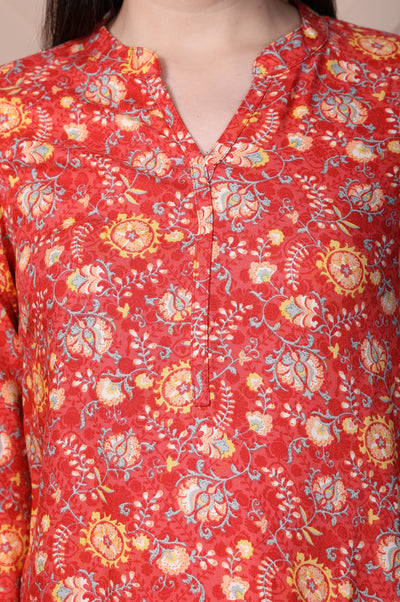 Red Floral Printed Straight Rayon Kurti