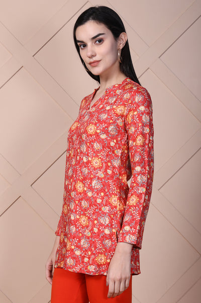 Red Floral Printed Straight Rayon Kurti
