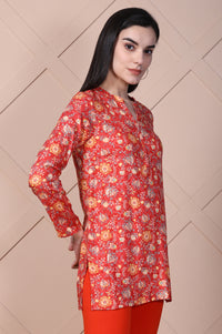 Red Floral Printed Straight Rayon Kurti