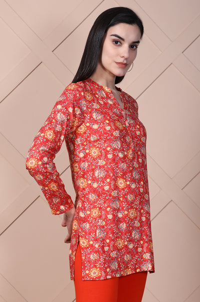 Red Floral Printed Straight Rayon Kurti
