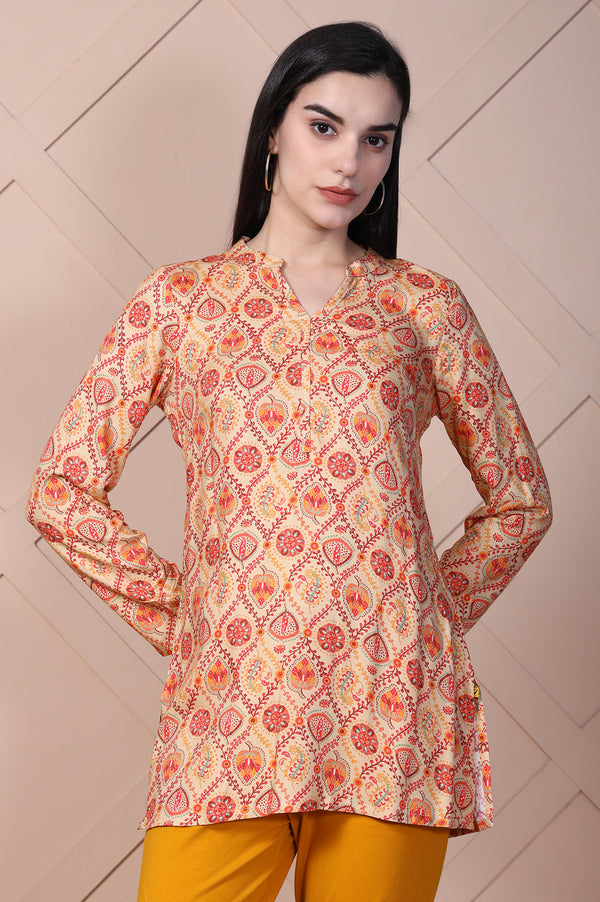 Beige Paisley Printed Straight Rayon Kurti