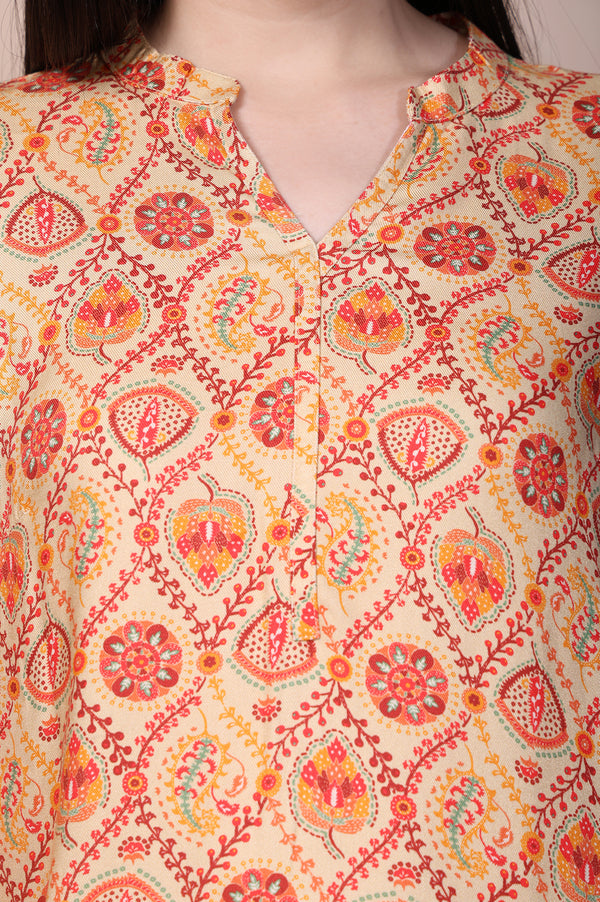 Beige Paisley Printed Straight Rayon Kurti