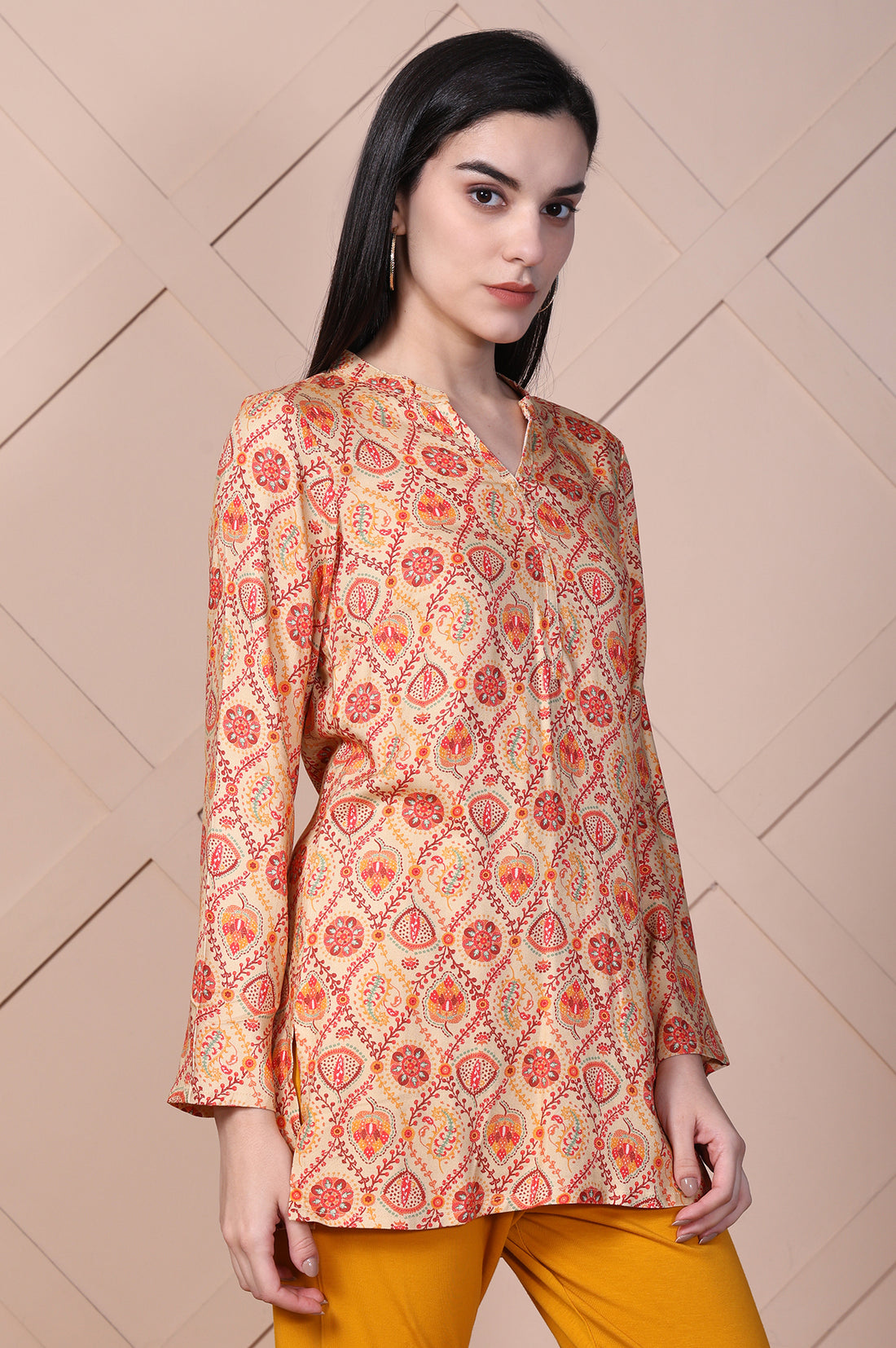 Beige Paisley Printed Straight Rayon Kurti