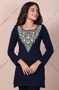 Navy Blue Embroidered Straight Acrylic Top