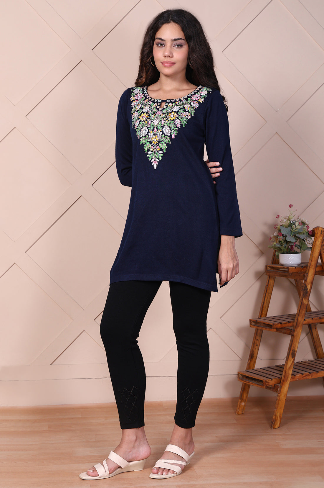 Navy Blue Embroidered Straight Acrylic Top