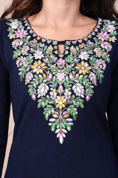 Navy Blue Embroidered Straight Acrylic Top