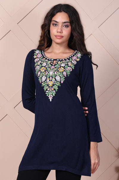 Navy Blue Embroidered Straight Acrylic Top