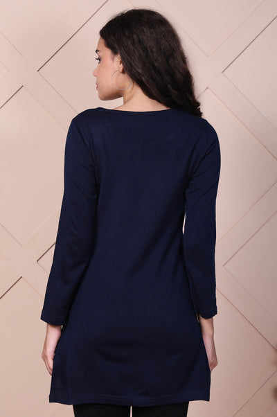 Navy Blue Embroidered Straight Acrylic Top