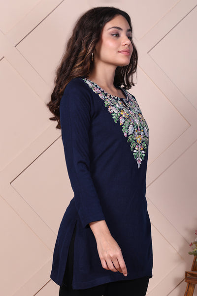Navy Blue Embroidered Straight Acrylic Top