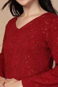 Red Embroidered Chenille Schifflie Straight Kurti