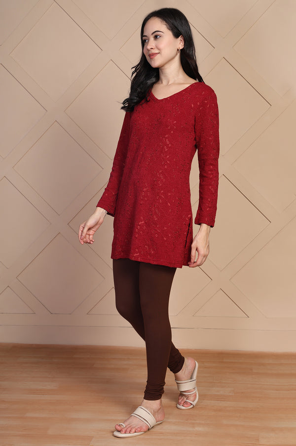 Red Embroidered Chenille Schifflie Straight Kurti