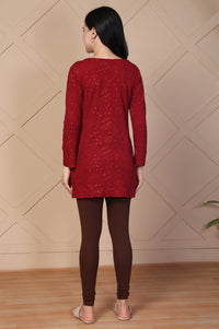 Red Embroidered Chenille Schifflie Straight Kurti