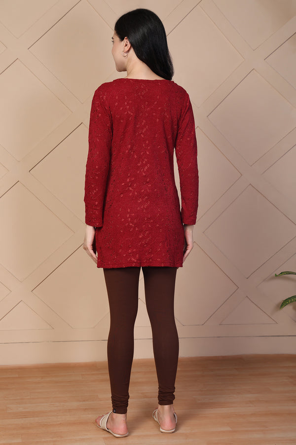 Red Embroidered Chenille Schifflie Straight Kurti