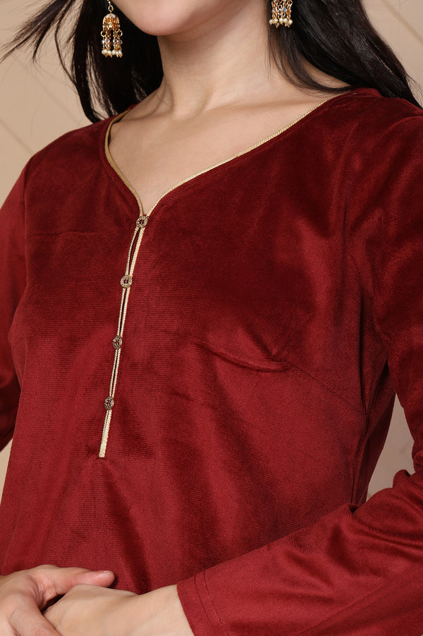 Maroon Solid Velvet Straight Kurti