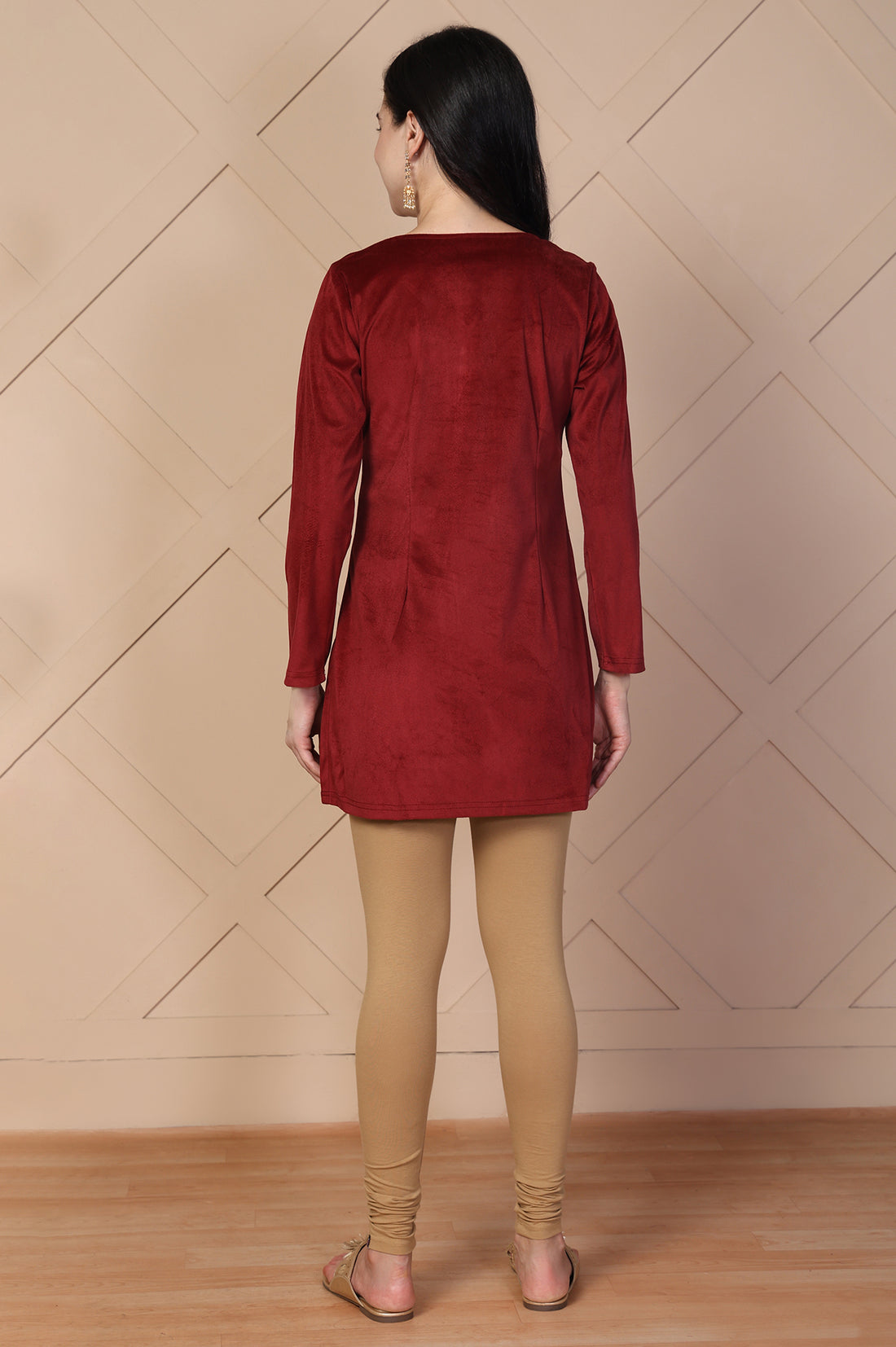 Maroon Solid Velvet Straight Kurti