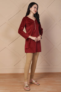 Maroon Solid Velvet Straight Kurti