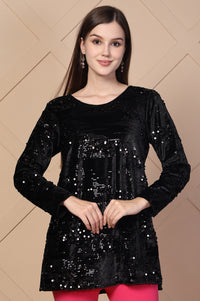 Black Embellished Printed Sequins Velvet Sequence Straight Kurti