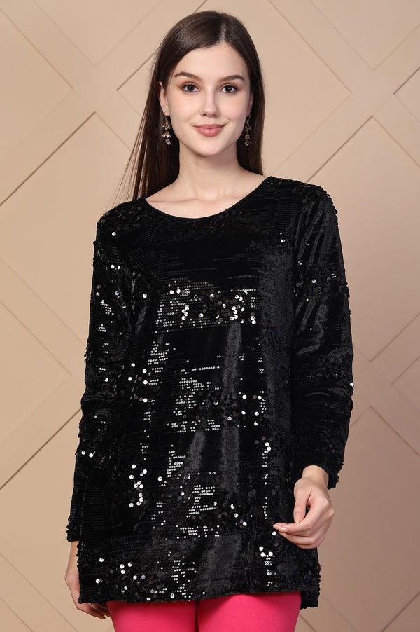 Black Embellished Printed Sequins Velvet Sequence Straight Kurti