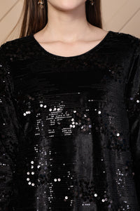 Black Embellished Printed Sequins Velvet Sequence Straight Kurti