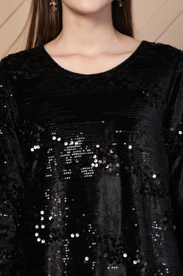 Black Embellished Printed Sequins Velvet Sequence Straight Kurti