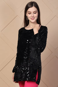 Black Embellished Printed Sequins Velvet Sequence Straight Kurti