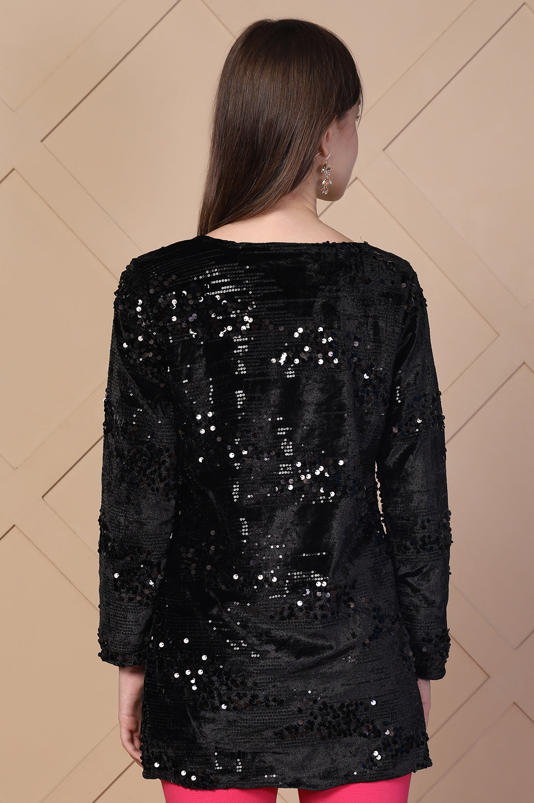 Black Embellished Printed Sequins Velvet Sequence Straight Kurti