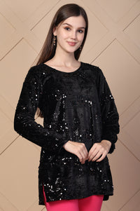 Black Embellished Printed Sequins Velvet Sequence Straight Kurti