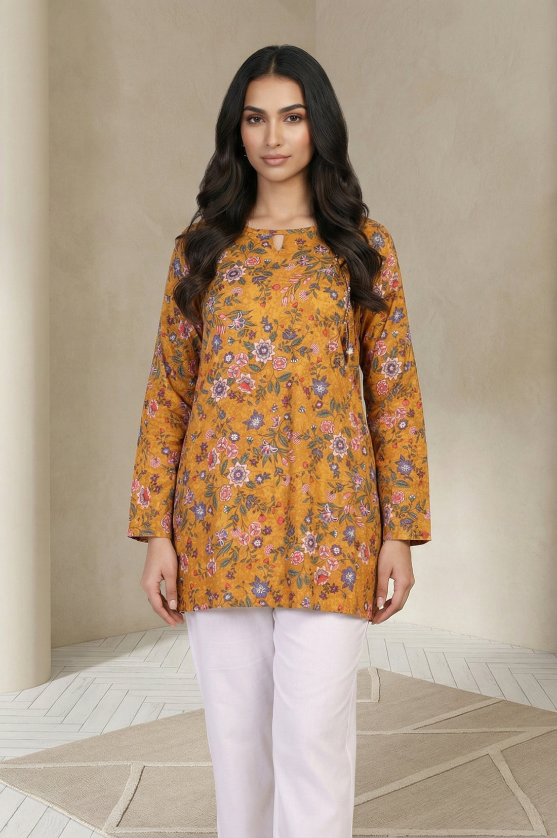 Mustard Floral Printed Rayon Twill Straight Top