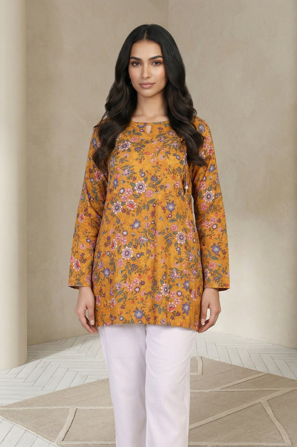 Mustard Floral Printed Rayon Twill Straight Top