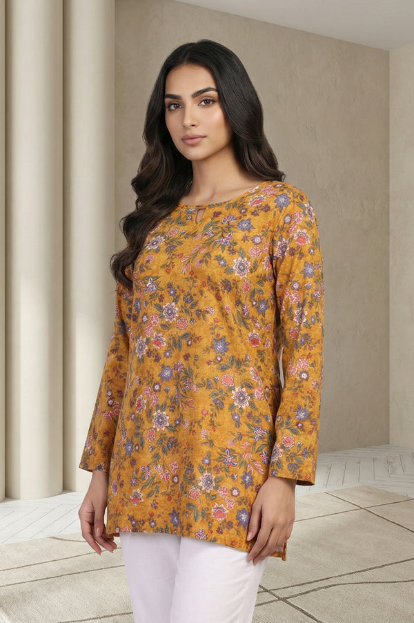 Mustard Floral Printed Rayon Twill Straight Top