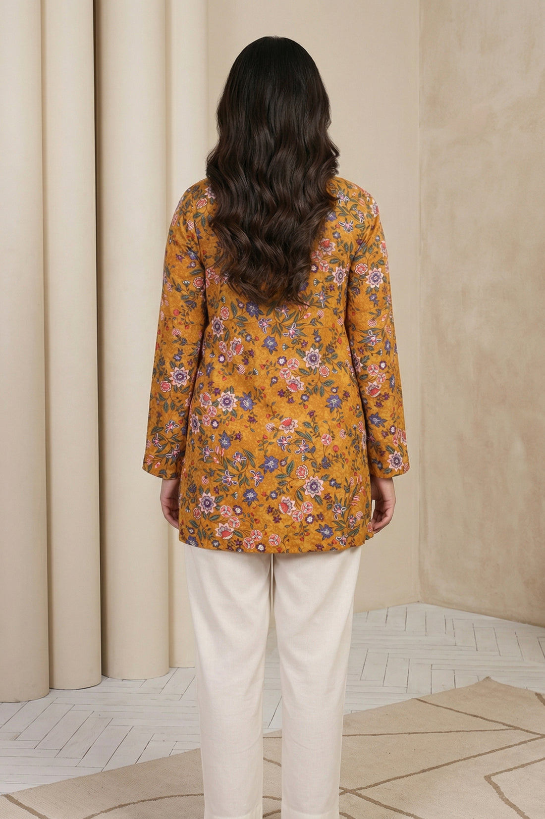 Mustard Floral Printed Rayon Twill Straight Top