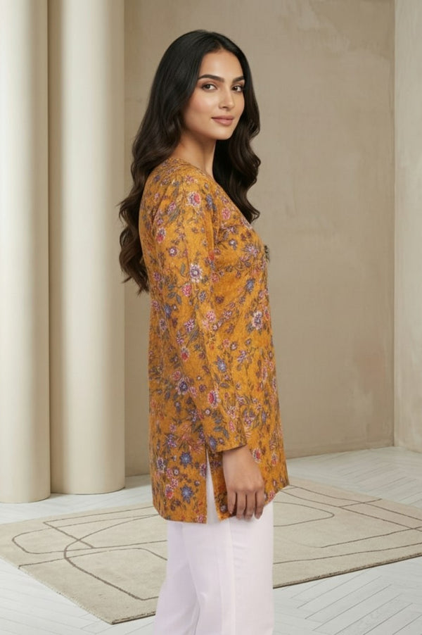 Mustard Floral Printed Rayon Twill Straight Top