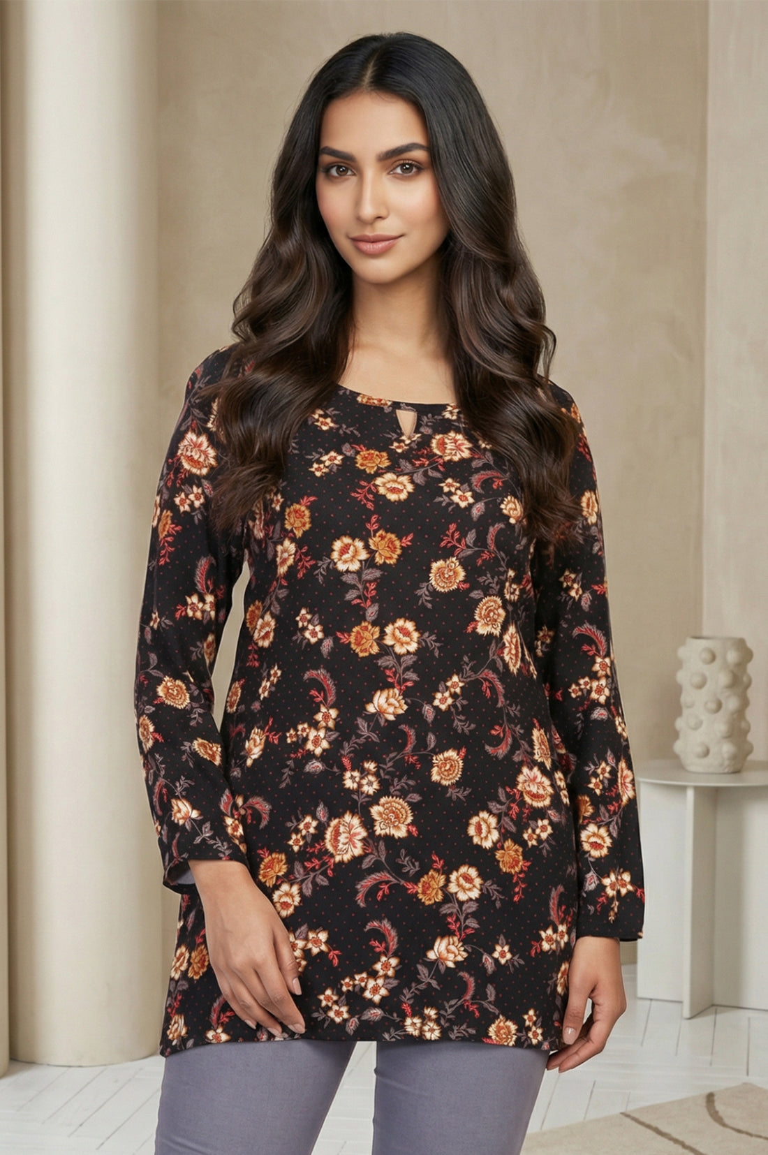 Black Floral Printed Straight Top