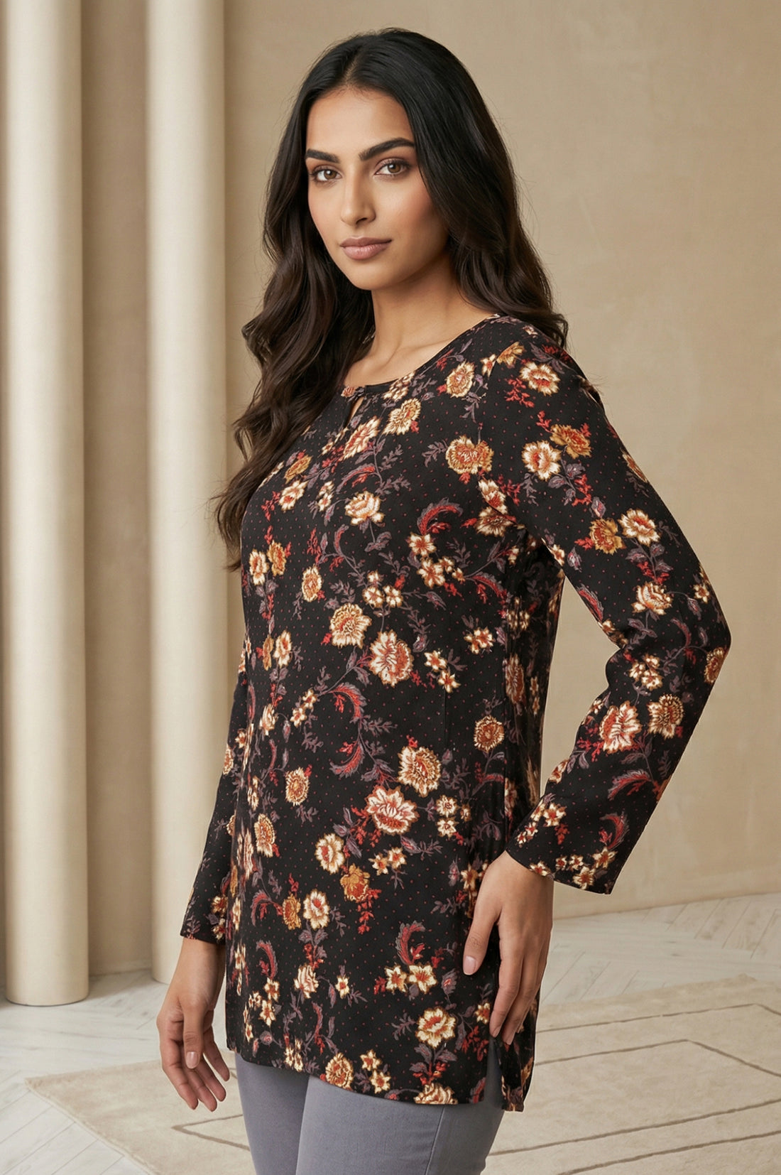 Black Floral Printed Straight Top