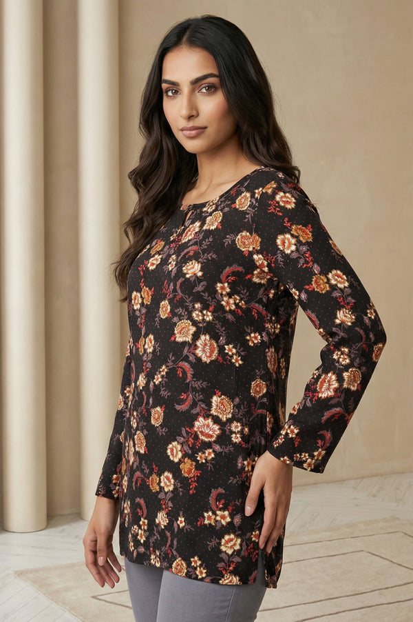 Black Floral Printed Straight Top