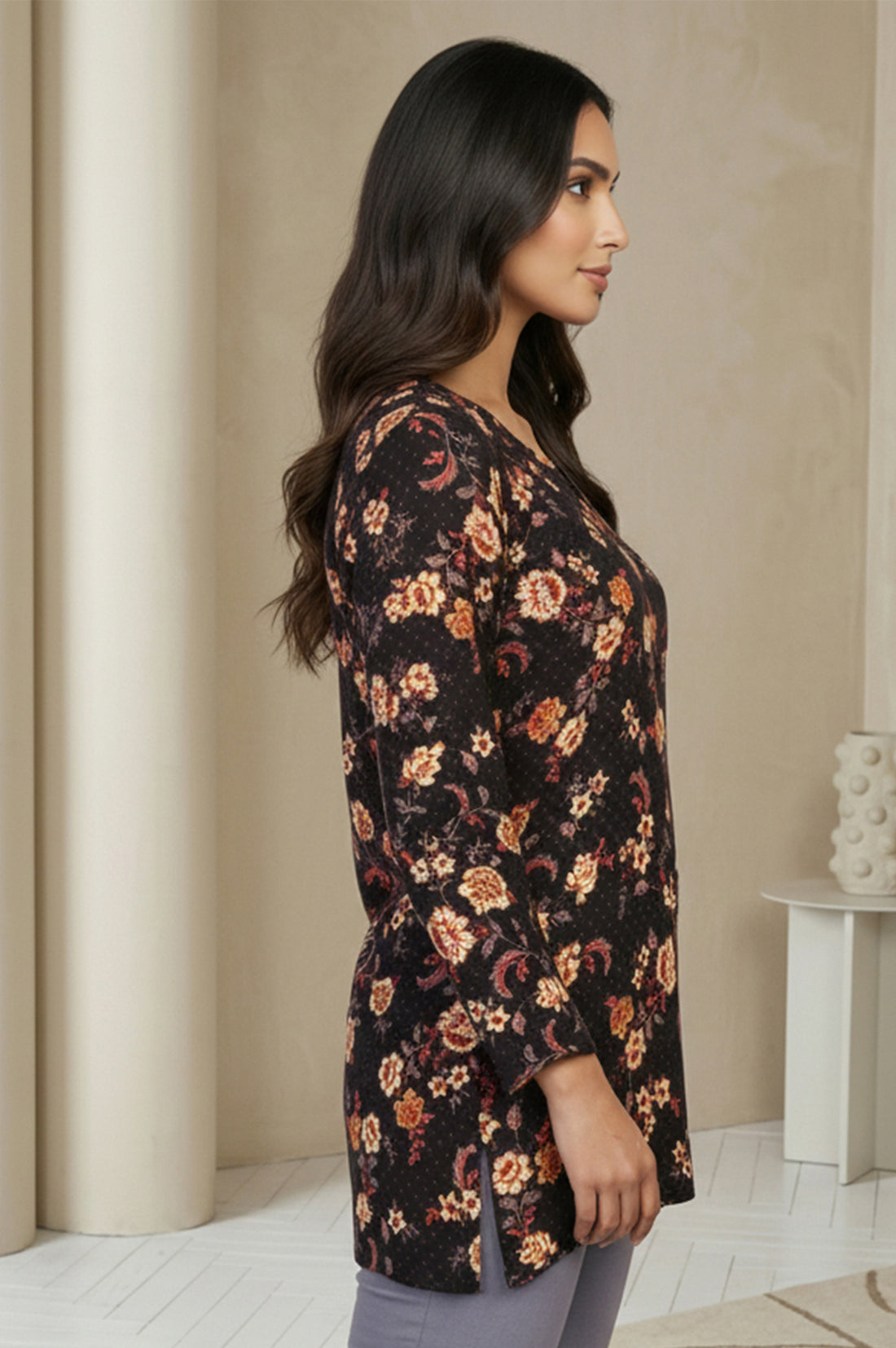 Black Floral Printed Straight Top