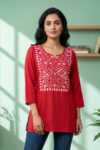 Red Embroidered Acrylic Straight Winter Top