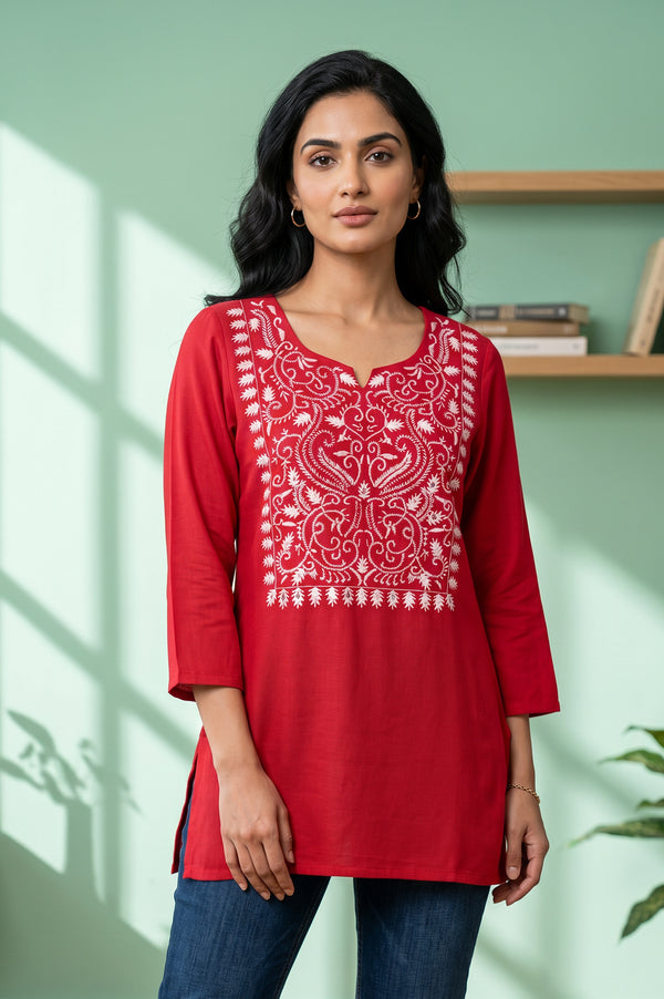 Red Embroidered Acrylic Straight Winter Top