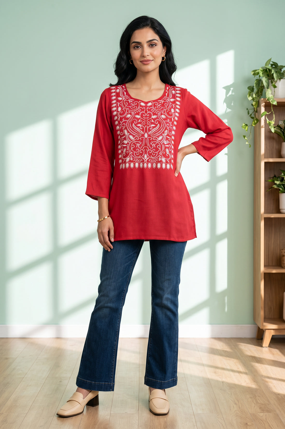 Red Embroidered Acrylic Straight Winter Top