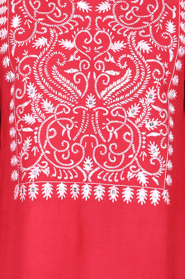 Red Embroidered Acrylic Straight Winter Top