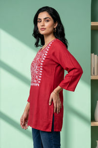 Red Embroidered Acrylic Straight Winter Top