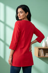 Red Embroidered Acrylic Straight Winter Top